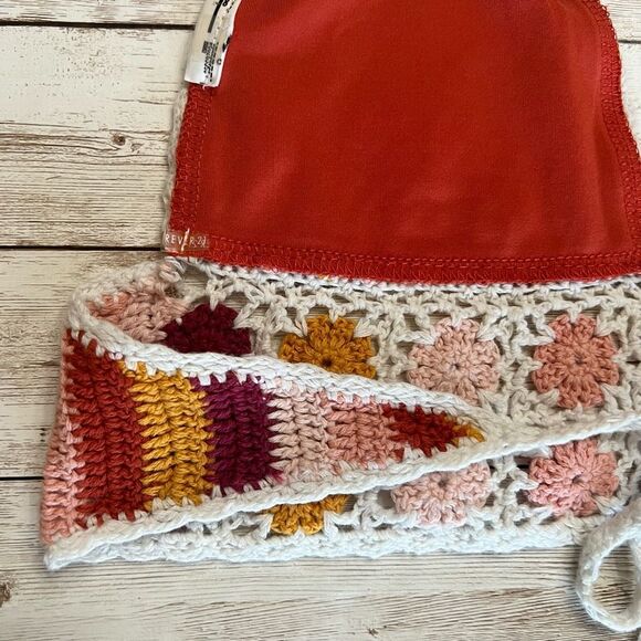 FOREVER 21 Crocheted Bikini Top XS/S Triangle Rainbow Granny Square Pink Orange - Picture 10 of 15